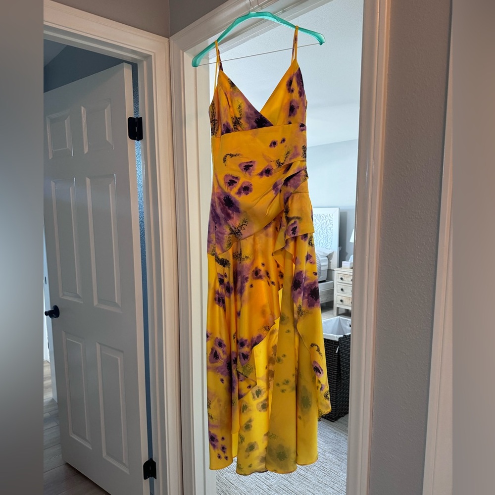 Yellow/gold Bardot dress with purple flowers. Worn Once